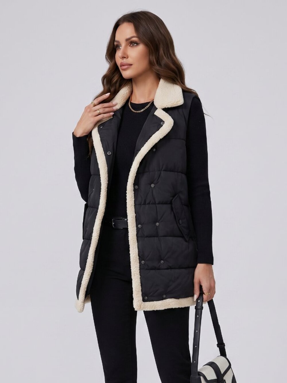Women's Black Cream Padded Vest Sleeveless Quilted Jacket Sherpa Trim Pockets